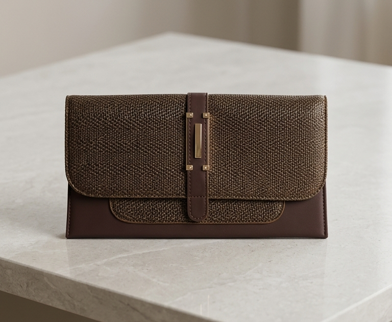 Woven Texture Buckle Clutch Brown – lifestyle flat lay