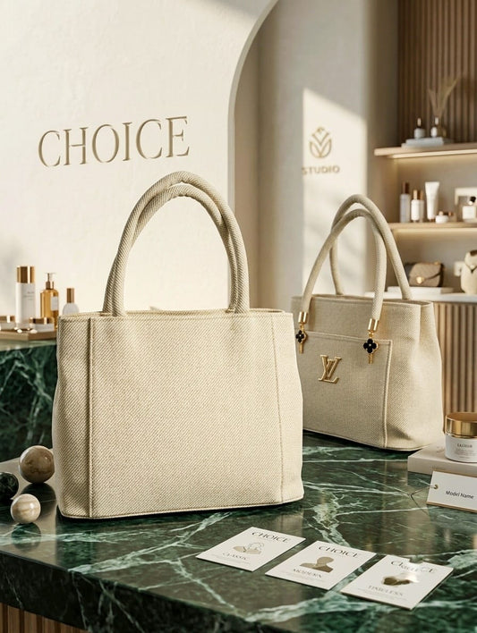 Ivory tote bag with gold charm accents displayed in boutique setting