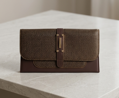 Woven Texture Buckle Clutch Brown – lifestyle flat lay