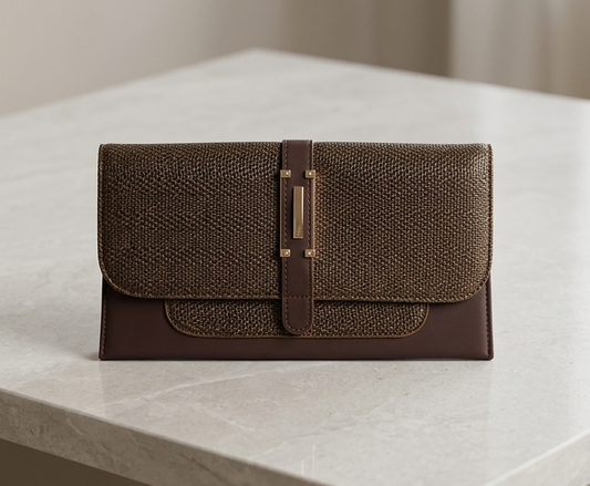 Woven Texture Buckle Clutch Brown – lifestyle flat lay