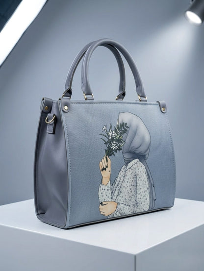 Dove grey artistic print satchel handbag full side view