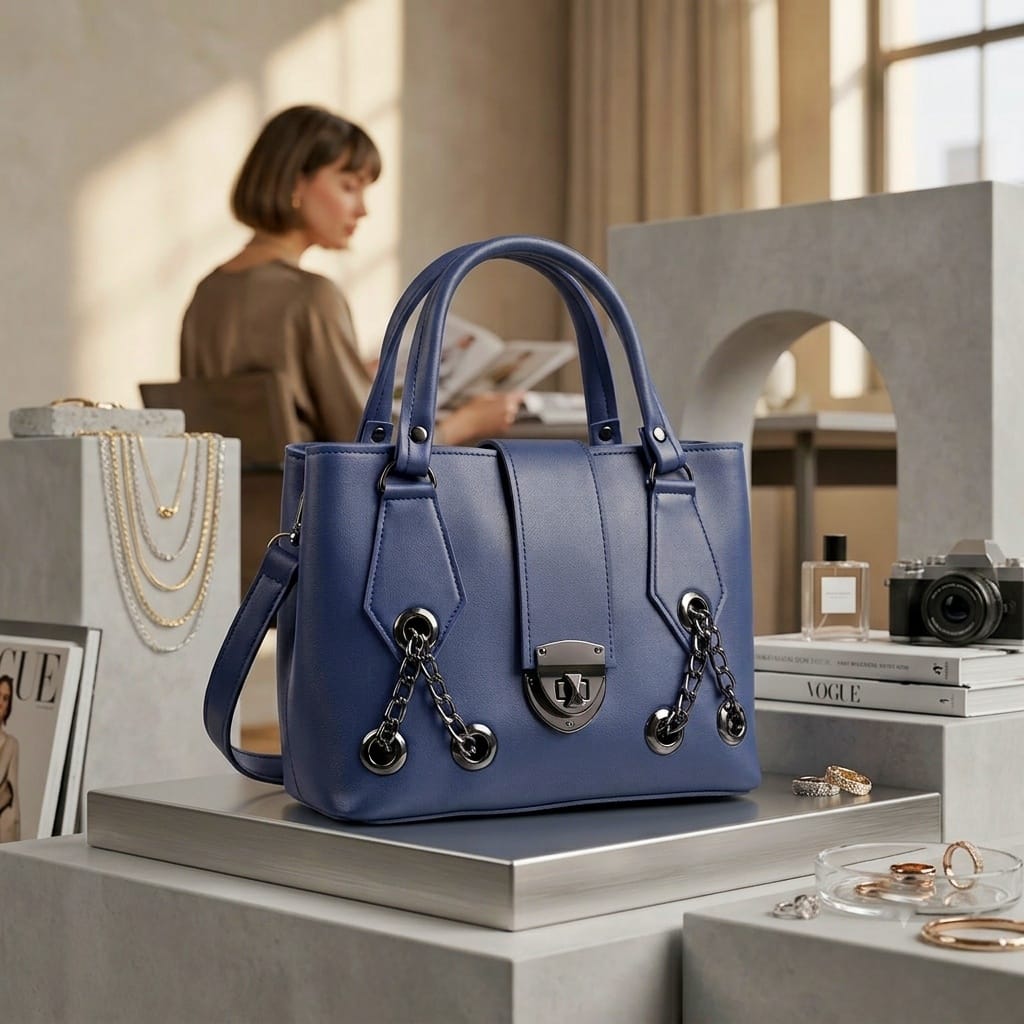 Midnight navy blue chain-lock satchel displayed in luxury boutique setting