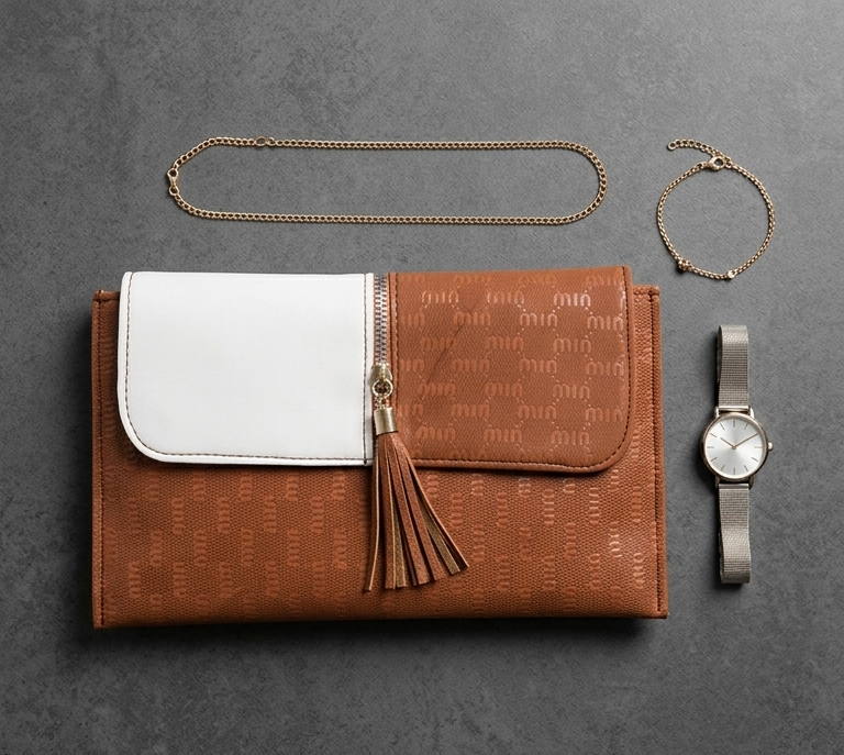 Two-Tone Tassel Clutch – Brown & White