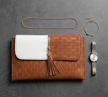 Two-Tone Tassel Clutch – Brown & White