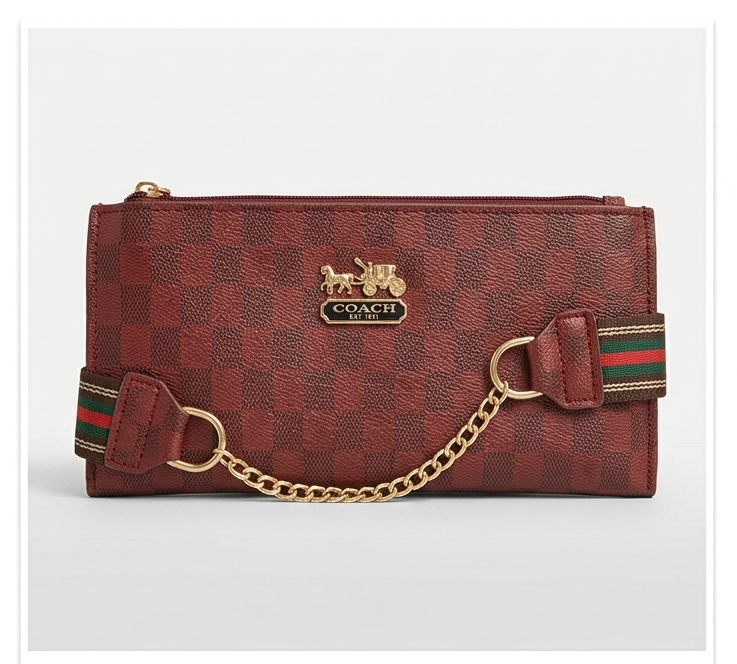 Burgundy Checkered Chain-Accent Clutch Bag