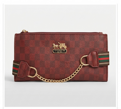 Burgundy Checkered Chain-Accent Clutch Bag