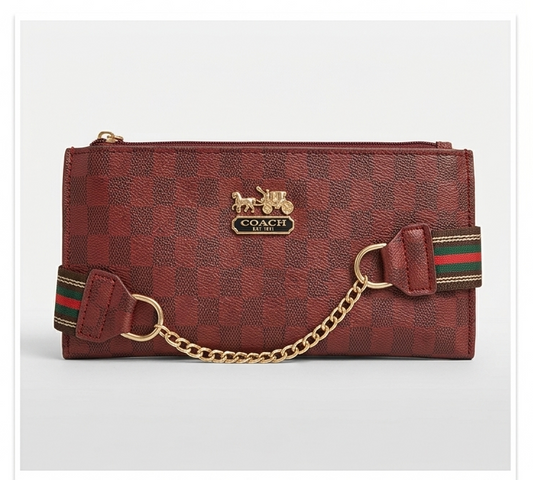 Burgundy Checkered Chain-Accent Clutch Bag