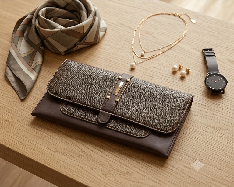 Woven Texture Buckle Clutch – Chocolate Brown