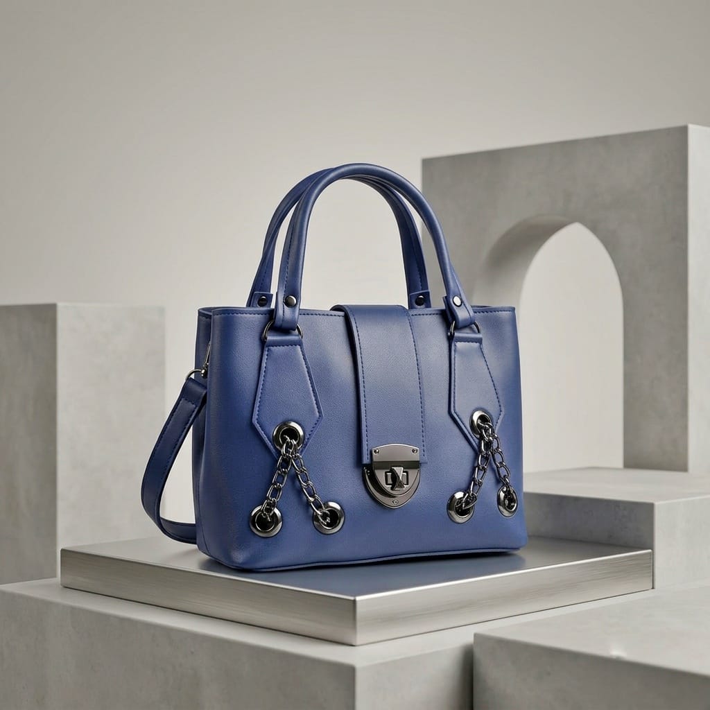 Navy blue medium satchel with gunmetal chain accents on concrete display