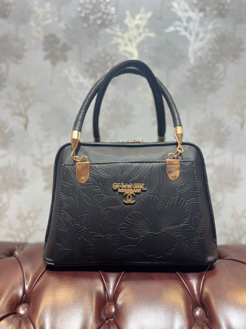 Floral Embossed Structured Handbag