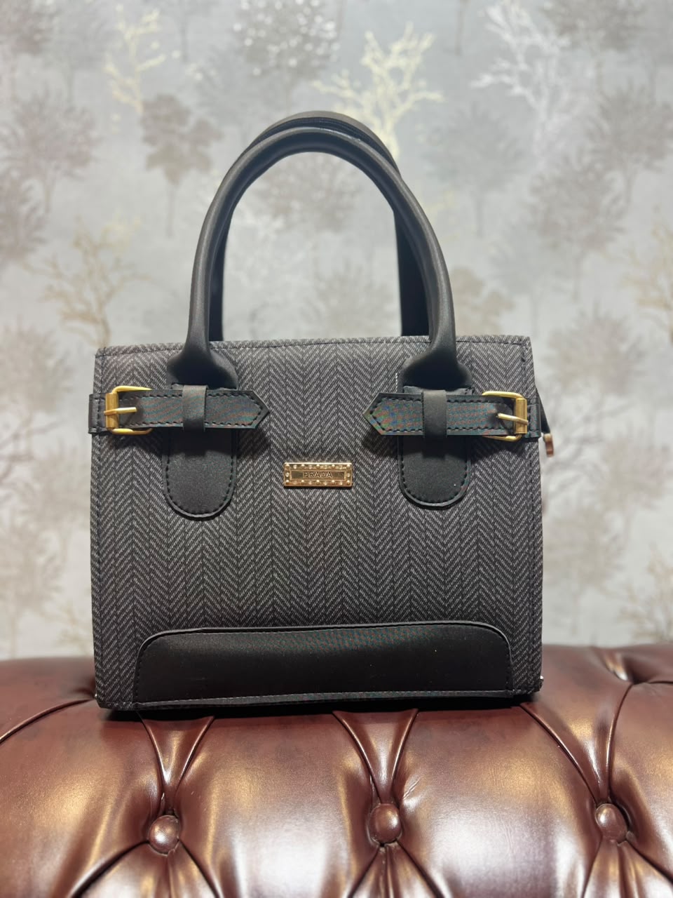 Herringbone Tweed Structured Handbag - Mustard Camel