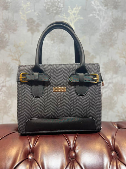 Herringbone Tweed Structured Handbag - Mustard Camel
