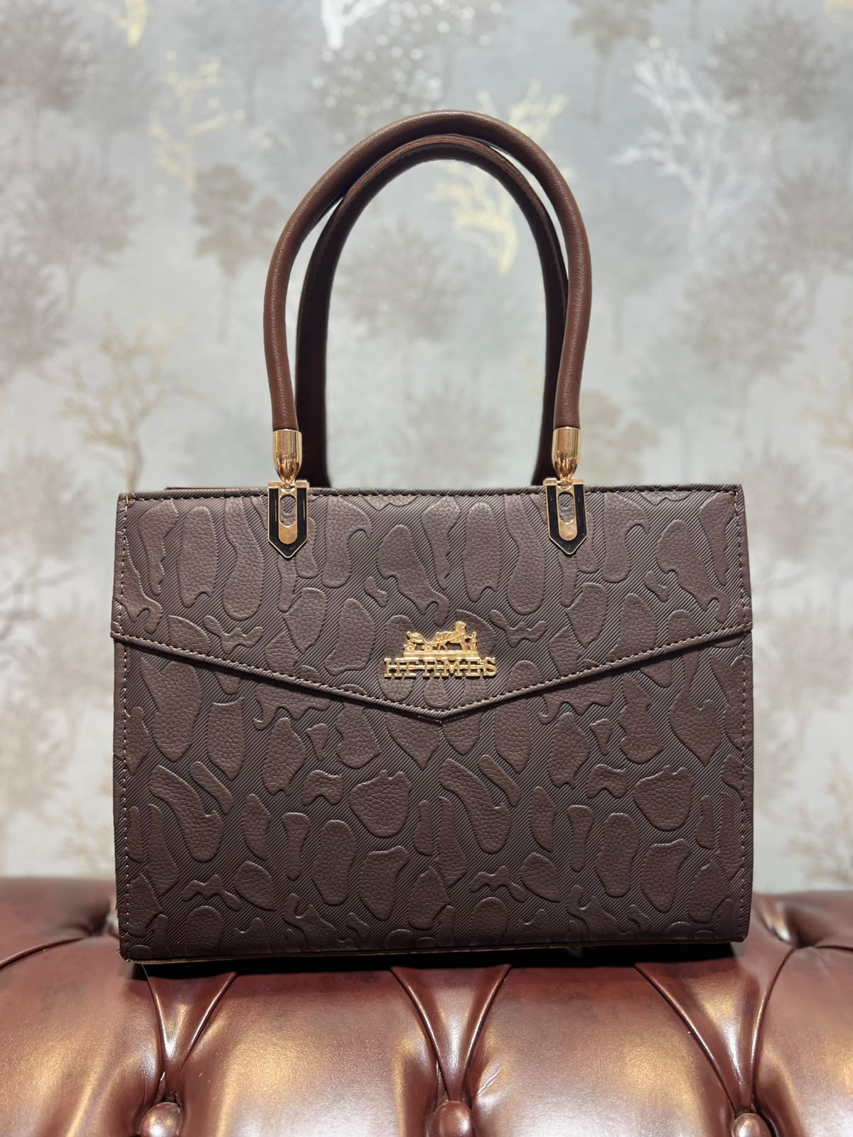 Embossed Abstract Structured Handbag - Brown Tan