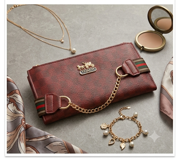 Burgundy Checkered Chain-Accent Clutch Bag