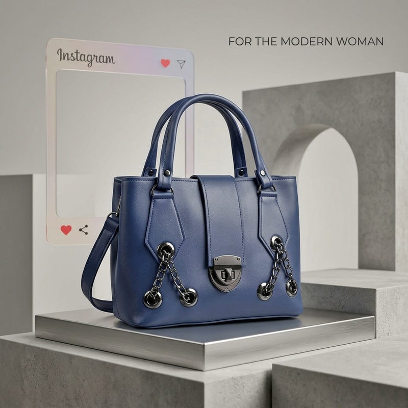 Midnight Navy Chain-Lock Satchel — Medium Luxury Handbag
