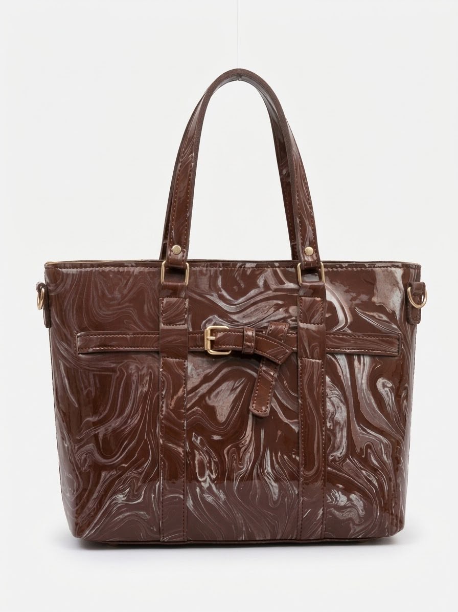 Marble Patent Leather Tote Bag in Ivory Beige