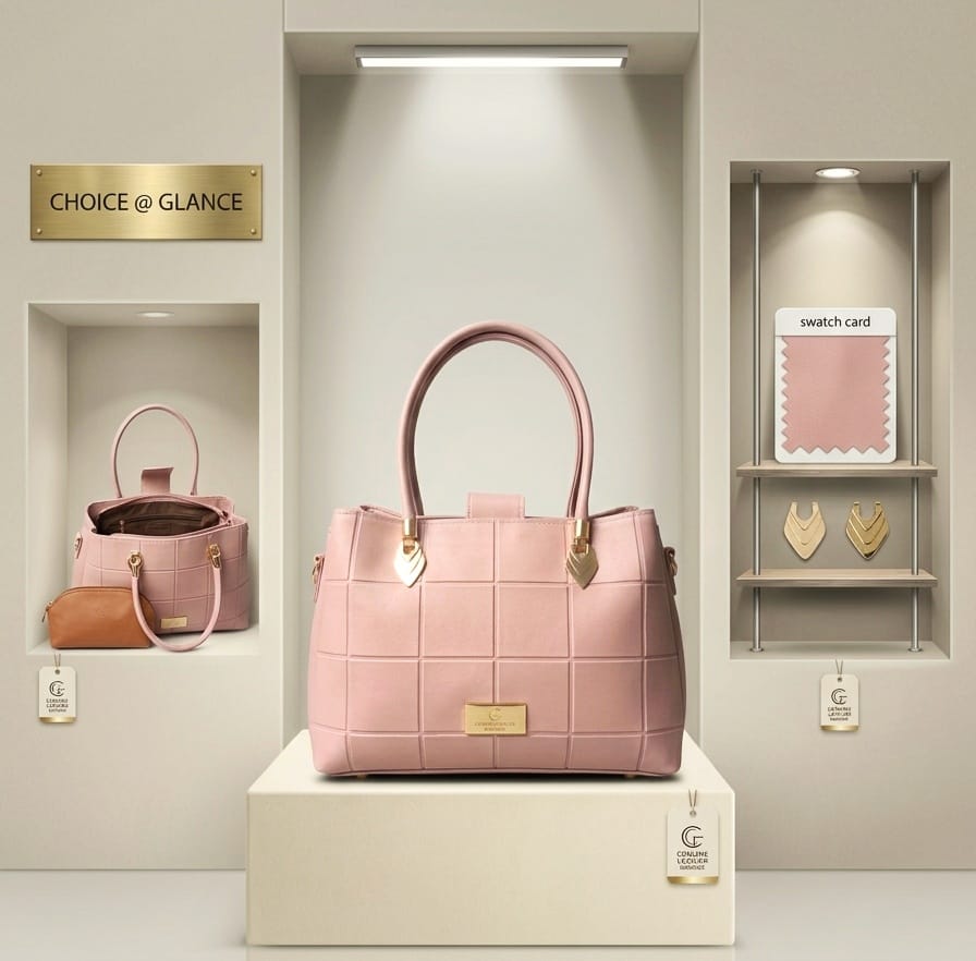 Blush pink quilted handbag with gold branded plaque and heart hardware side view