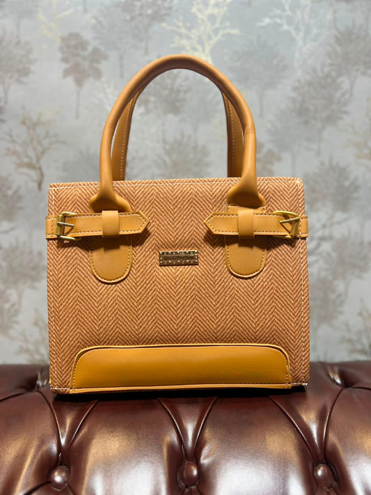 Herringbone Tweed Structured Handbag - Brown