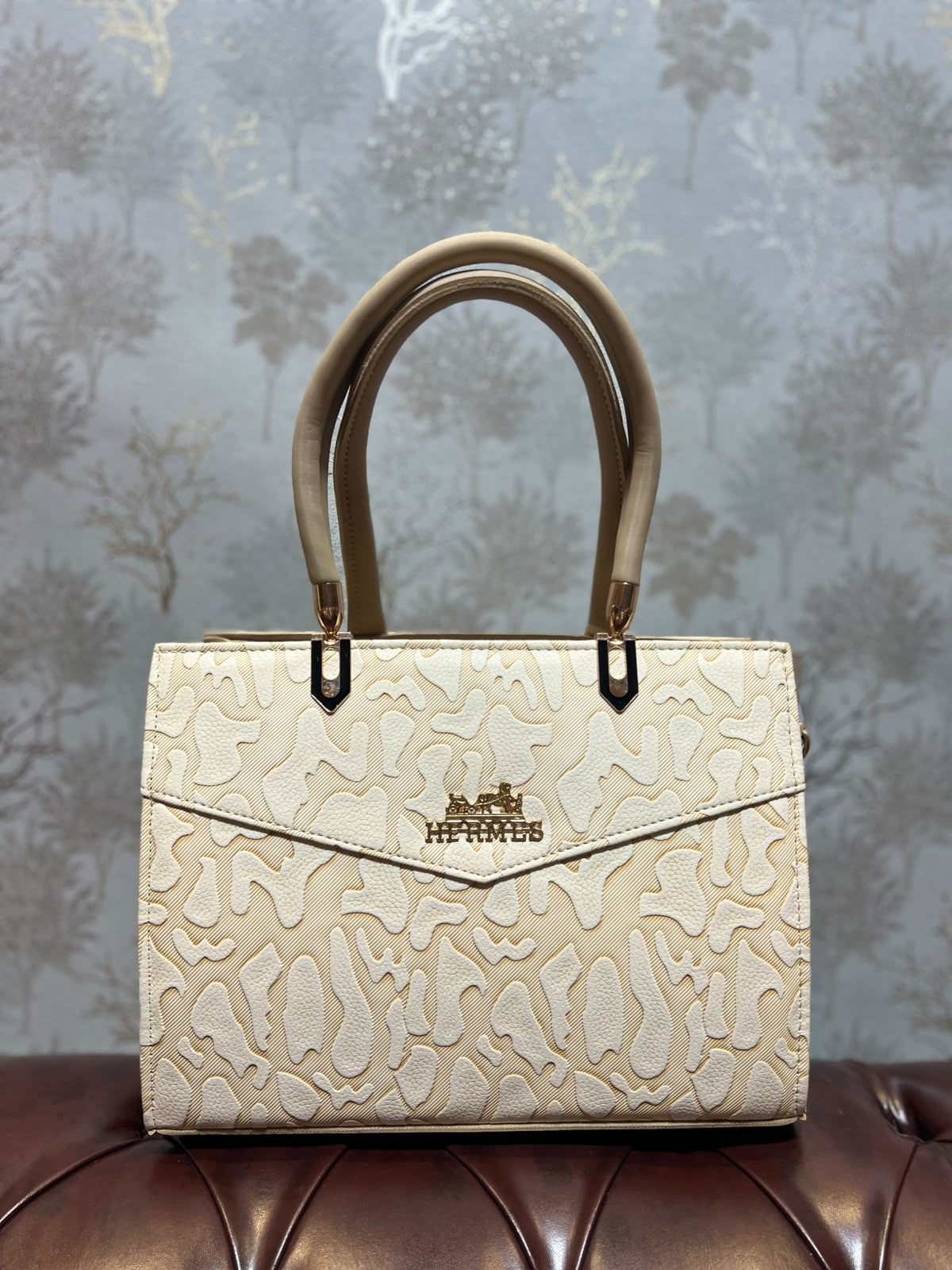 Embossed Abstract Structured Handbag - Gold Camel