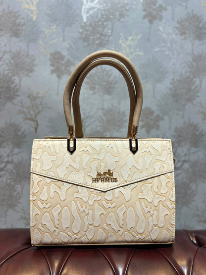 Embossed Abstract Structured Handbag - Gold Camel