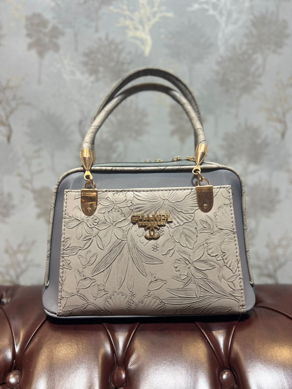 Floral Embossed Structured Handbag