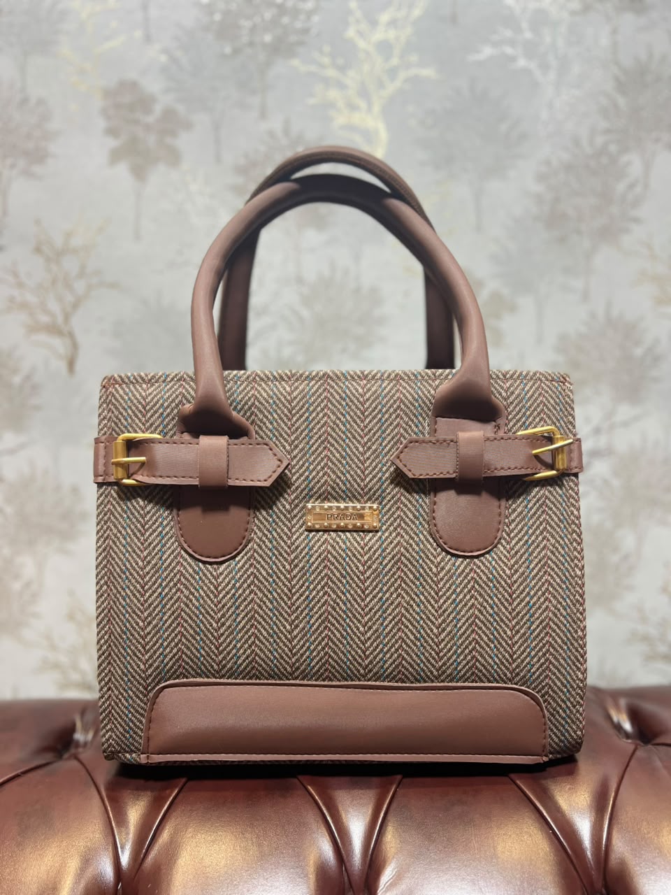 Herringbone Tweed Structured Handbag - Grey Blue