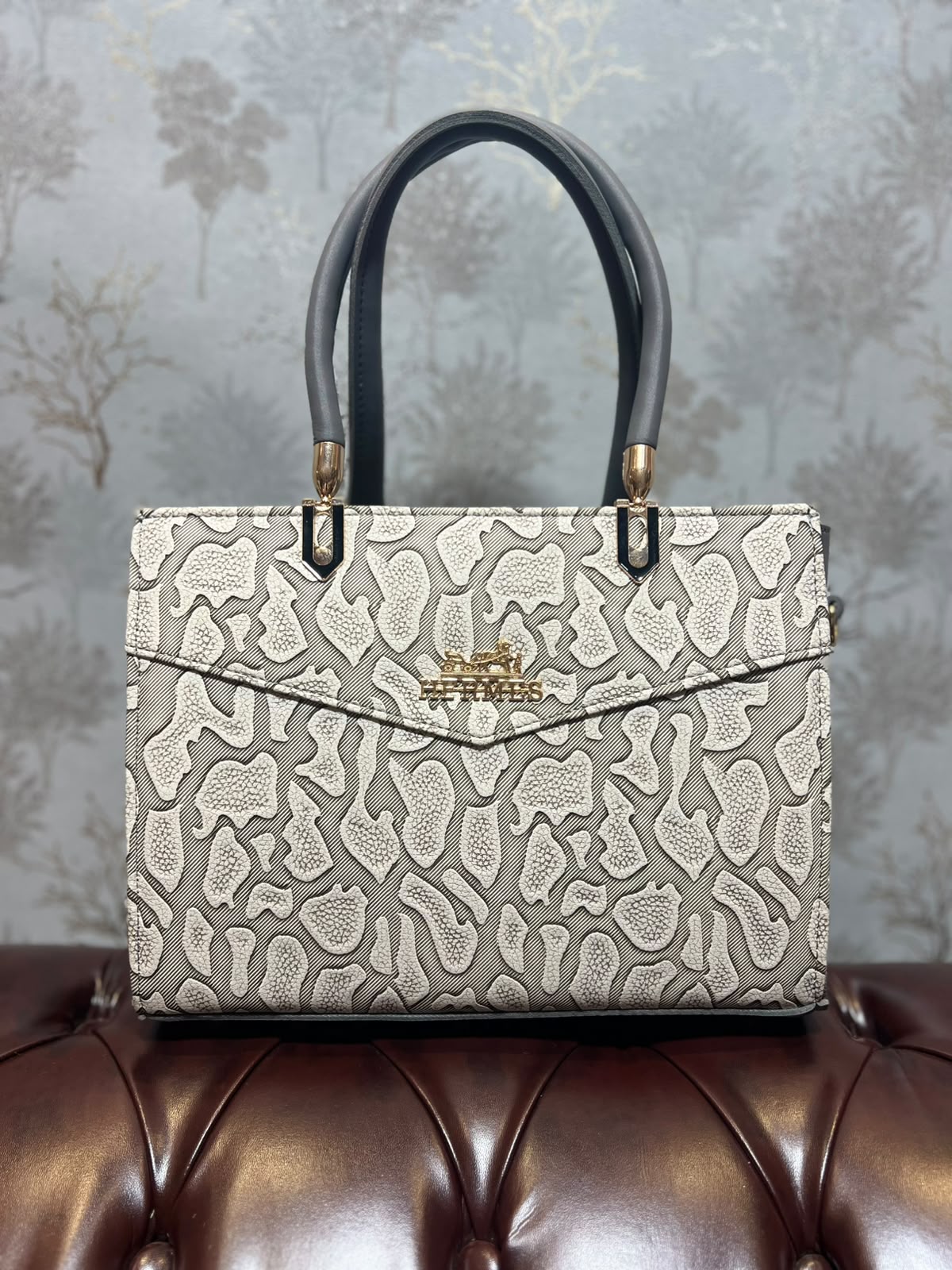 Embossed Abstract Structured Handbag - Grey and White