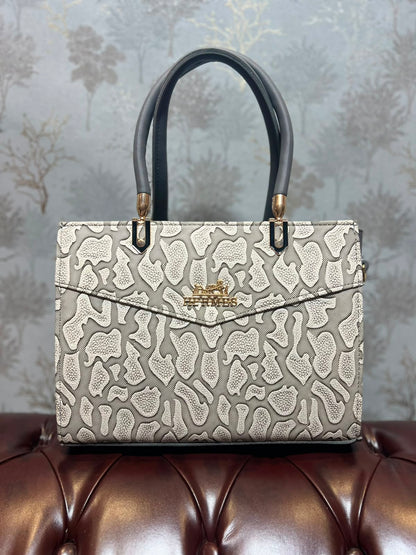 Embossed Abstract Structured Handbag - Grey and White