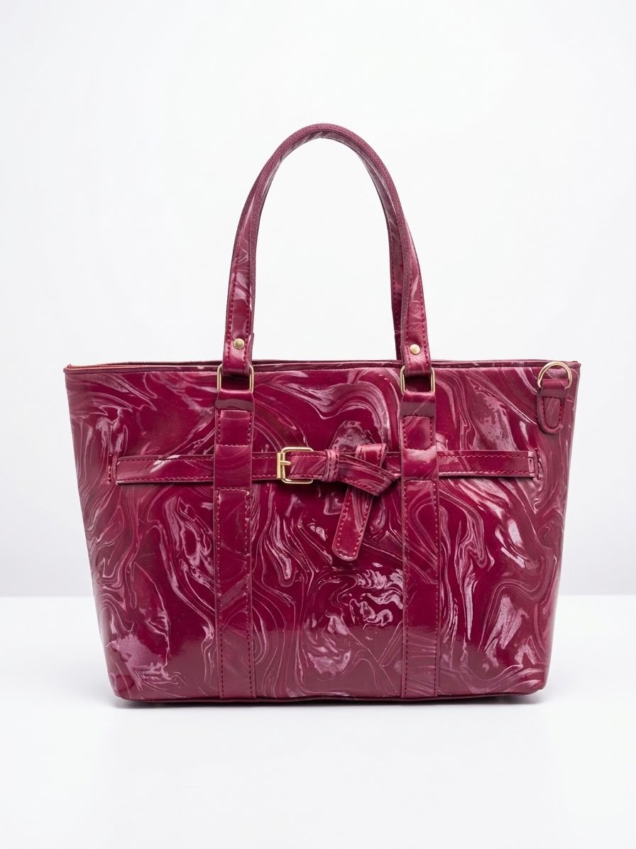 Marble Patent Leather Tote Bag in Camel Tan