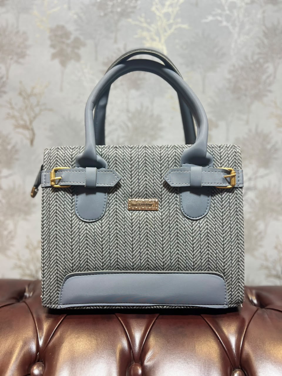 Herringbone Tweed Structured Handbag - Black Charcoal